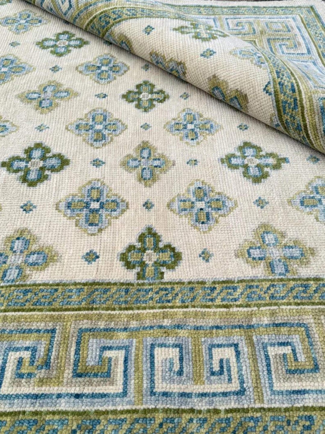 Vintage Style Blue Green Rug, Hand Tufted Wool Rug, Greek Key Border ...