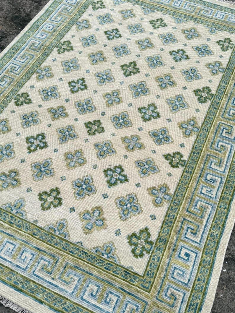 Vintage Style Blue Green Rug, Hand Tufted Wool Rug, Greek Key Border ...
