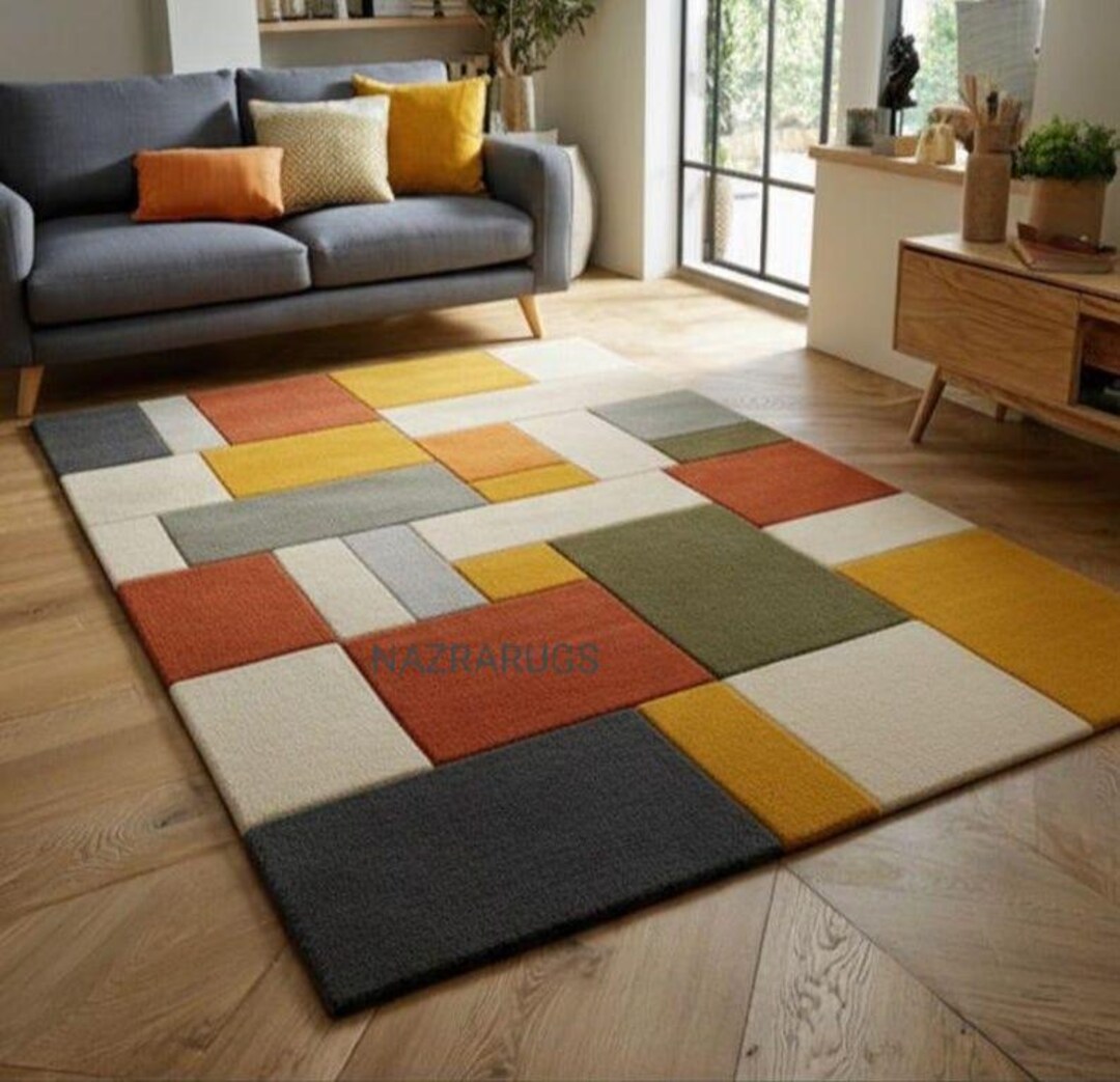 Mid Century Modern Rug – Geometric Color Block Area Rug – Hand Tufted ...
