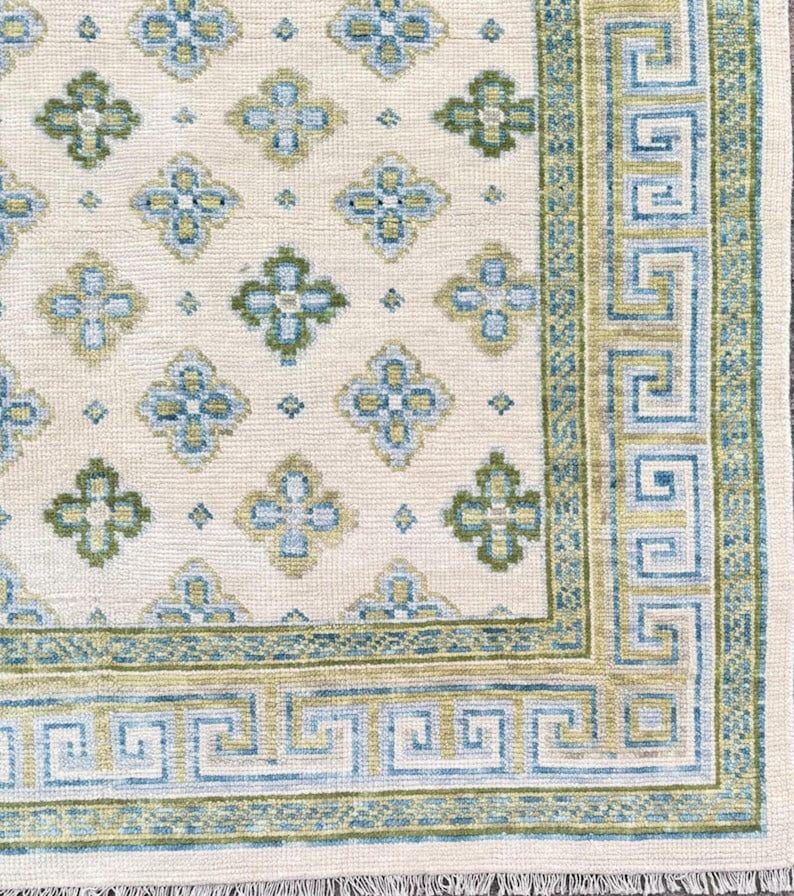 Vintage Style Blue Green Rug, Hand Tufted Wool Rug, Greek Key Border ...
