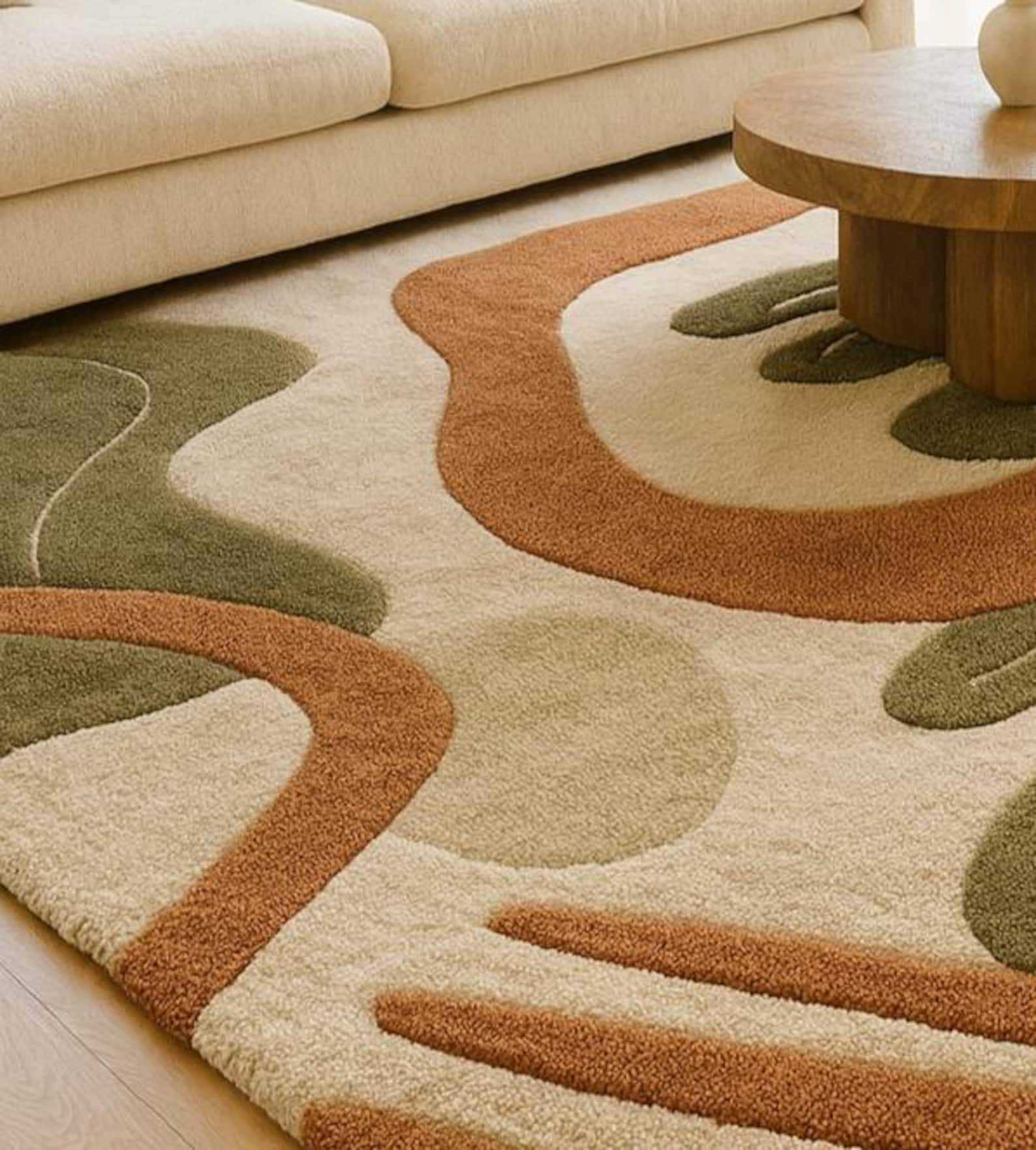 Modern Abstract Area Rug, Olive Green & Rust Boho Rug, Neutral ...