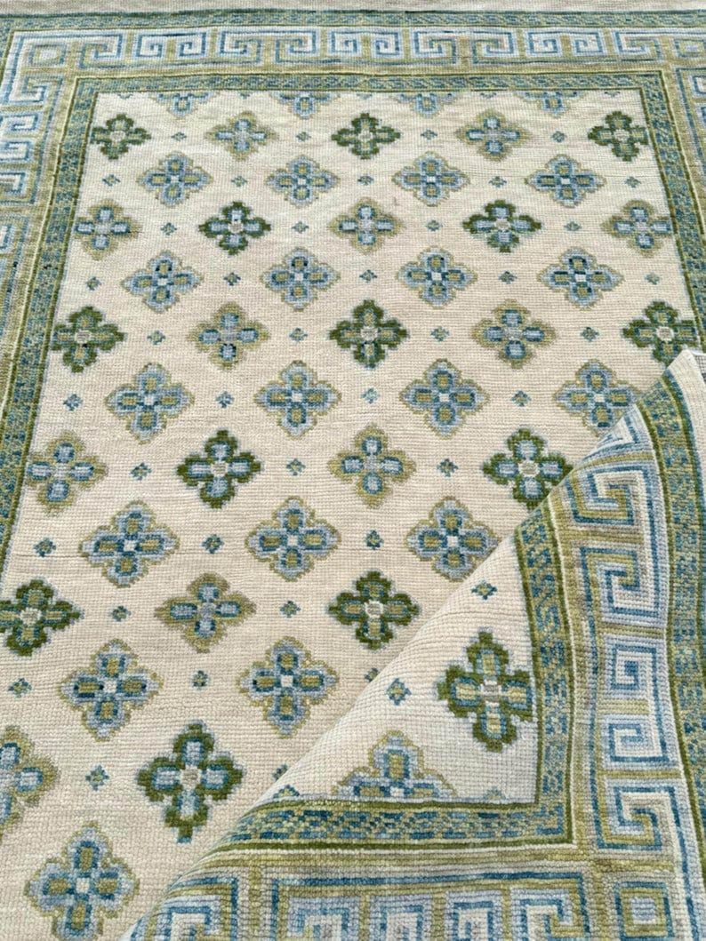 Vintage Style Blue Green Rug, Hand Tufted Wool Rug, Greek Key Border ...