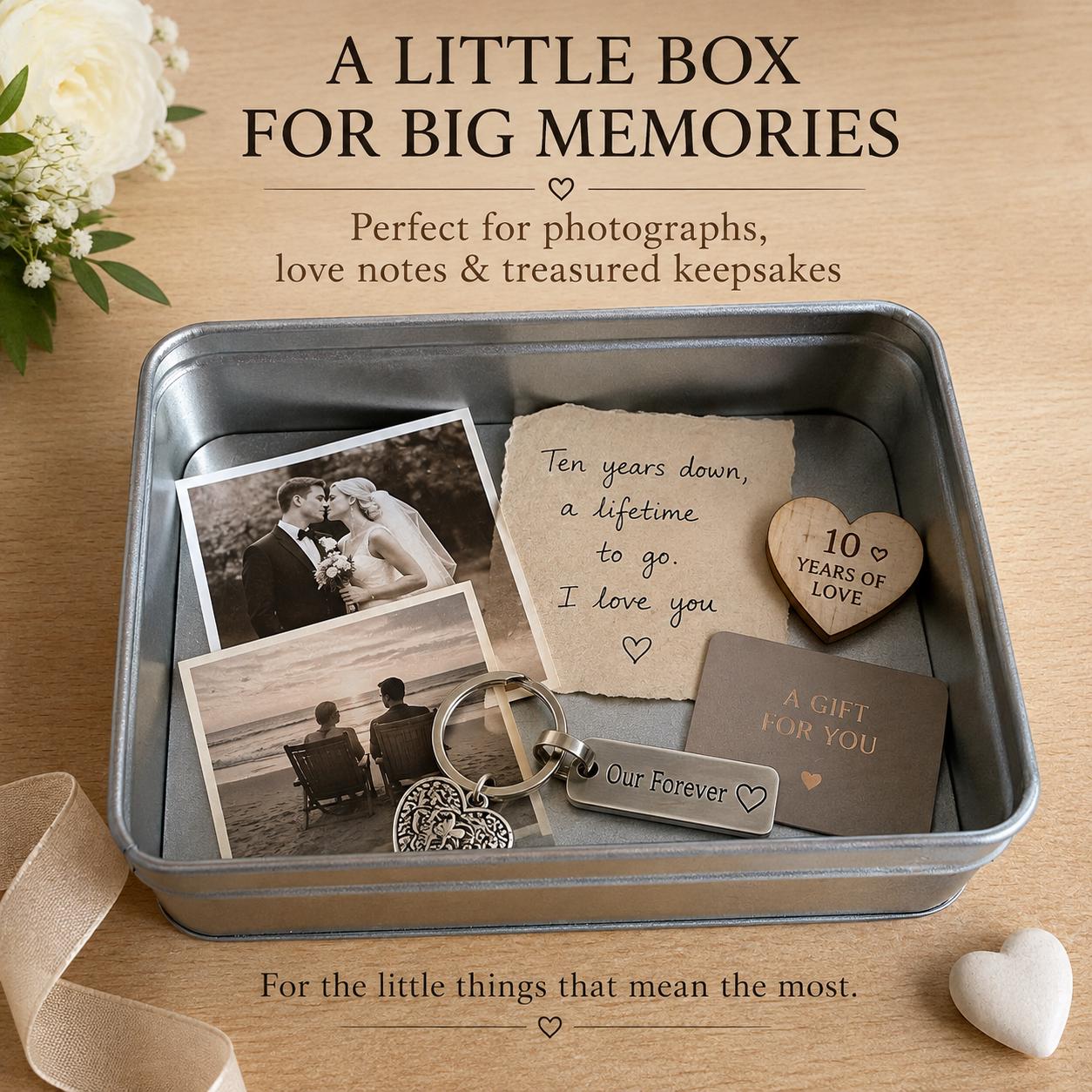 Personalized 10th Anniversary Tin Keepsake Box, Engraved Metal