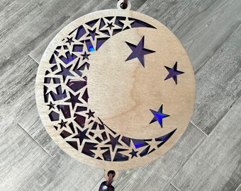 Wooden Stars and Moon Suncatcher, Window Decoration