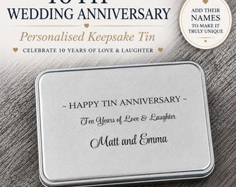 Personalized 10th Anniversary Tin Keepsake Box, Engraved Metal