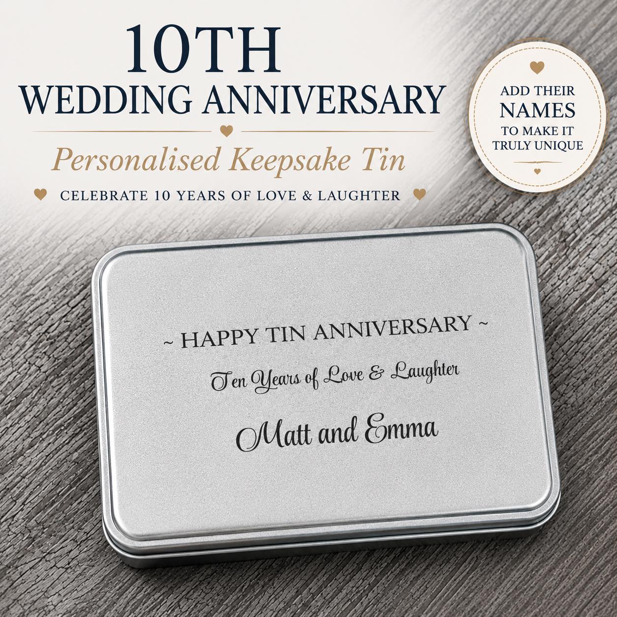 Personalized 10th Anniversary Tin Keepsake Box, Engraved Metal