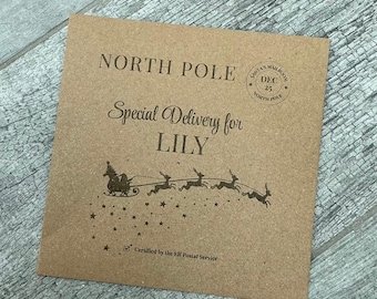 May include: A brown paper envelope with the words "NORTH POLE" and "Special Delivery for LILY" printed in a decorative font. A stamp reads "SANTA'S MAILROOM DEC 25 NORTH POLE". A silhouette of Santa's sleigh and reindeer is featured.