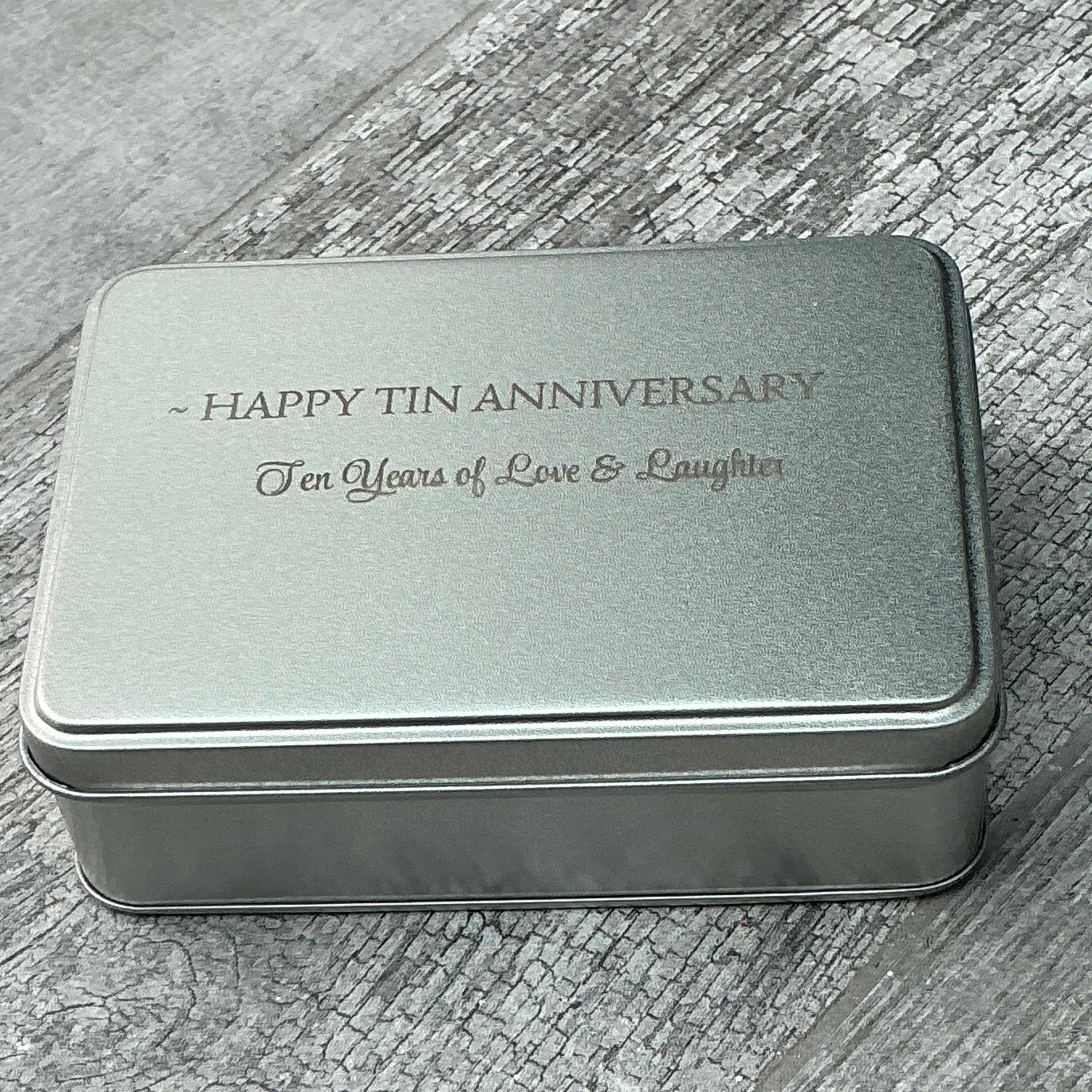 Silver personalized tin keepsake box engraved for a happy tenth anniversary