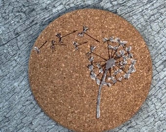 Laser Engraved Dandelion Cork Coaster: Rustic Botanical Drink Coaster