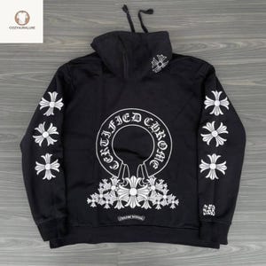 Embroidered Graffiti Hoodie: Oversized Cotton Blend Pullover with Cross Patches
