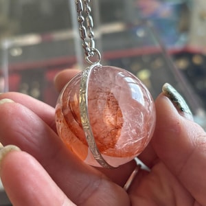 Fire Quartz Crystal Orb Pendant Necklace Sterling Silver Halo Hematoid Sphere Free Chain Included