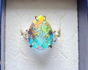 Rare Color Angel Aurora Topaz Pear Shape Sterling Silver Ring Handmade Fine Jewelry custom size 5 6 7 8 9 10 11