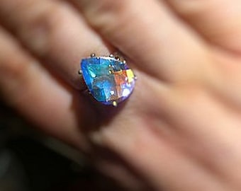 Angelic Aurora Borealis Rainbow Quartz Teardrop Sterling Silver Ring blue purple orPendant handmade fine jewelry size 3 4 5 6 7 8 9 10 11 12