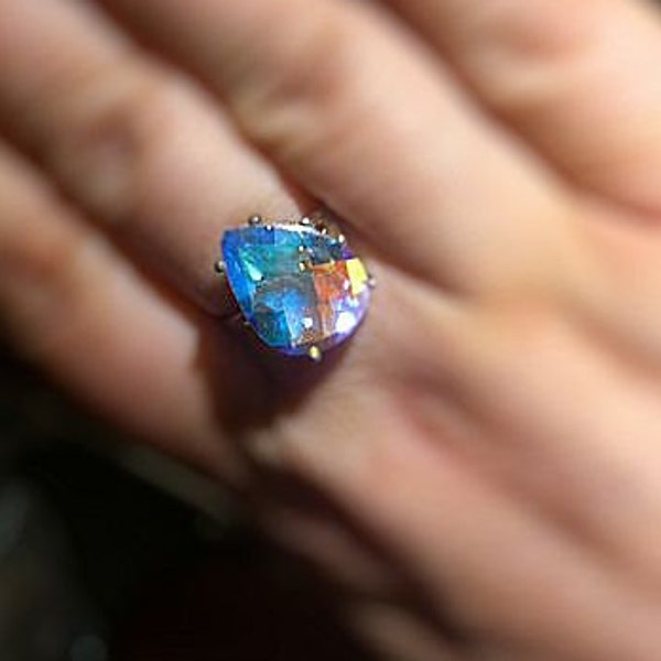 Angelic Aurora Borealis Rainbow Quartz Teardrop Sterling Silver Ring bleu violet orPendant bijoux faits à la main taille 3 4 5 6 7 8 9 10 11 12