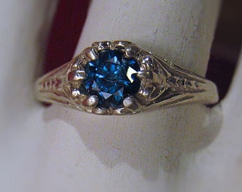 Genuine Blue Diamond .50ct Vintage Style Filigree Ring Sterling Silver handmade custom sizes 3 4 5 6 7 8 9 10 11 fine jewelry 14k gold