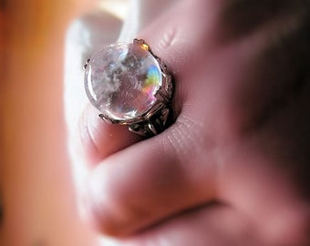 Unusual Large Spherical Quartz Ring Sterling Silver Rainbow crystal Handmade Custom sizes free 4 4.5 5 5.5 6 6.5 7 7.5 8 8.5 9 9.5 10