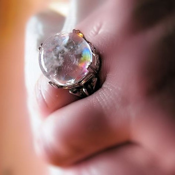 Unusual Large Spherical Quartz Ring Sterling Silver Rainbow crystal Handmade Custom sizes free 4 4.5 5 5.5 6 6.5 7 7.5 8 8.5 9 9.5 10