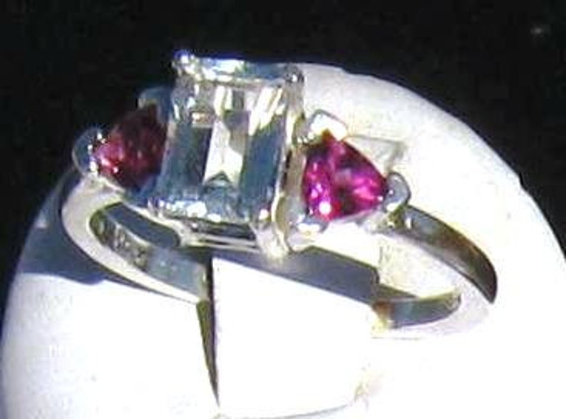 White Topaz 3 stone Sterling Silver Ring Handmade Green Emerald Tsavorite Pink Sapphire Purple Tanzanite Fine jewelry half 3 4 5 6 7 8 9 10 image 2
