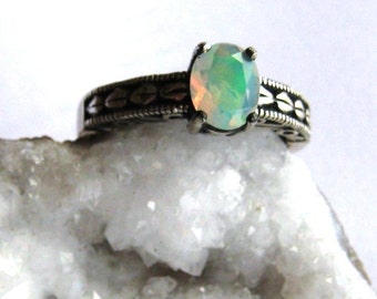 Ethiopian Faceted Opal Fiery White blue green red Jelly Sterling Silver Handmade size 4 5 6 7 8 9 10 11 half fine jewelry patterned band