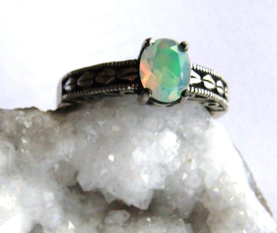 Ethiopian Faceted Opal Fiery White blue green red Jelly Sterling Silver Handmade size 4 5 6 7 8 9 10 11 half fine jewelry patterned band