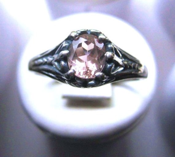 Antique Style Pale Pink Morganite Ring Sterling Silver filligree handmade Custom size 4 5 6 7 8 9 10 half sizes 14k yellow gold fine jewelry