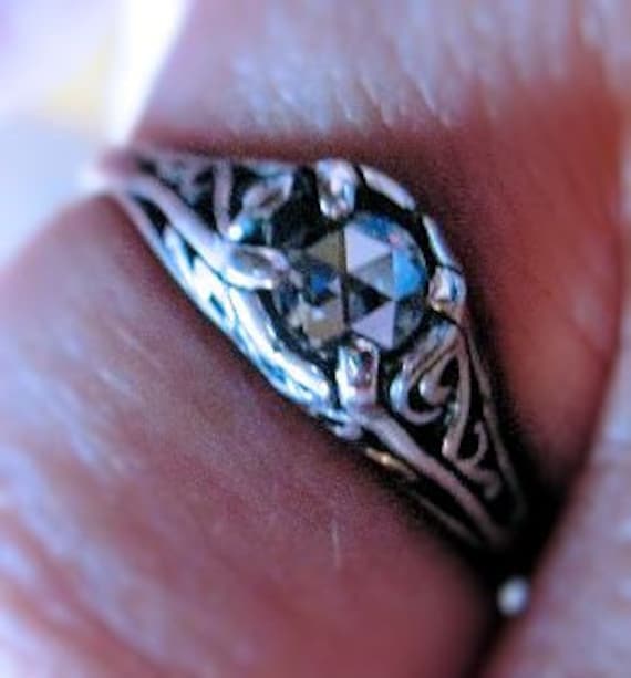 Rose Cut Created Moissanite Diamond like White Sterling Silver Ring Antique Filigree handmade custom size 4 5 6 7 8 9 10 half fine jewelry