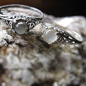 Tiny White Grey Catseye Moonstone Handmade Ring Sterling Silver shiny antique style filigree fine jewelry custom size 3 4 5 6 7 8 9 10 10.5