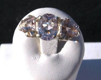 Pale Pink/ Peach Morganite Trillion Three Stone Ring Sterling Silver handmade 4 5 6 7 8 9 10 half sizes fine jewelry