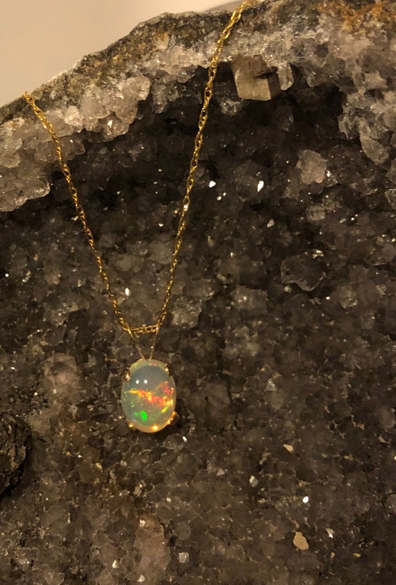 Ethiopian Welo Opal 8x6 14k goldfill or sterling pendant necklace chain handmade fine jewelry genuine white blue green red orange