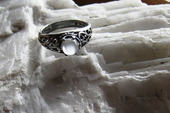 Luminous Moonstone White Catseye Ring Antiqued Sterling Silver
