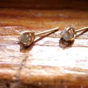 Raw Diamond Crystal Octahedron Natural Rough Silvery Studs .65ctw 14k yellow white gold custom secure screw back handmade  fine jewelry