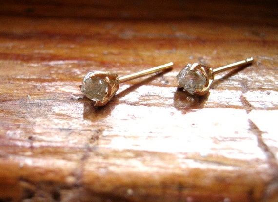 Raw Diamond Crystal Octahedron Natural Rough Silvery Studs .65ctw 14k yellow white gold custom secure screw back handmade  fine jewelry