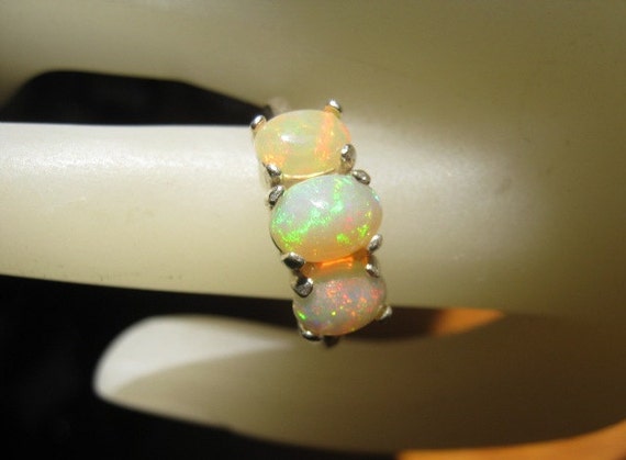 3 Stone Genuine Ethiopian Opal Ring Sterling Silver Fiery white orange red yellow green blue handmade 5 6 7 8 9 10 11 1/2 sizes fine jewelry