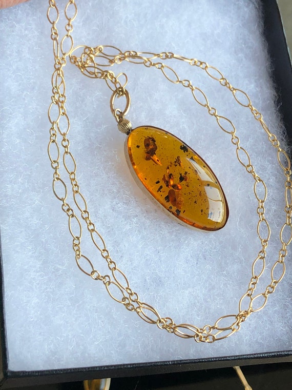 Genuine Amber 14k Gold Fill Large Pendant Necklace Fossil Specimen Organic Material Bug inside Handmade Fine Jewelry