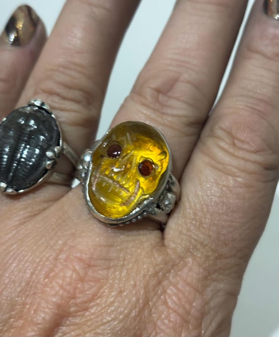 Genuine Amber Carved Skull Ring Sterling Silver Handmade custom made to order size 6 7 8 9 10 11 12 13 men unisex oddity fine jewelry