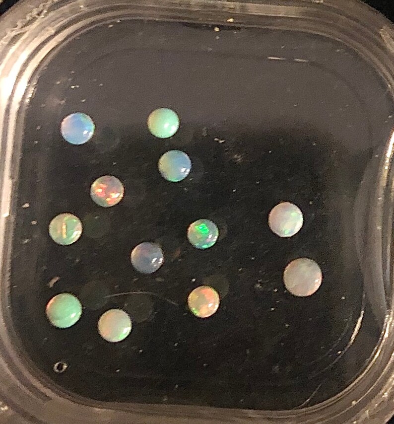 May include: A close-up of a clear plastic container with 11 small, round, iridescent opal gemstones. The gemstones are arranged in a random pattern on a black background.