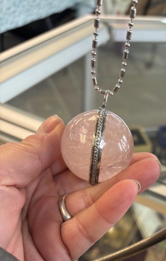 Large Rose Quartz Ball Sphere 40mm Pink jelly Pendant Sterling Silver Bezel Necklace love long length chain handmade fine jewelry