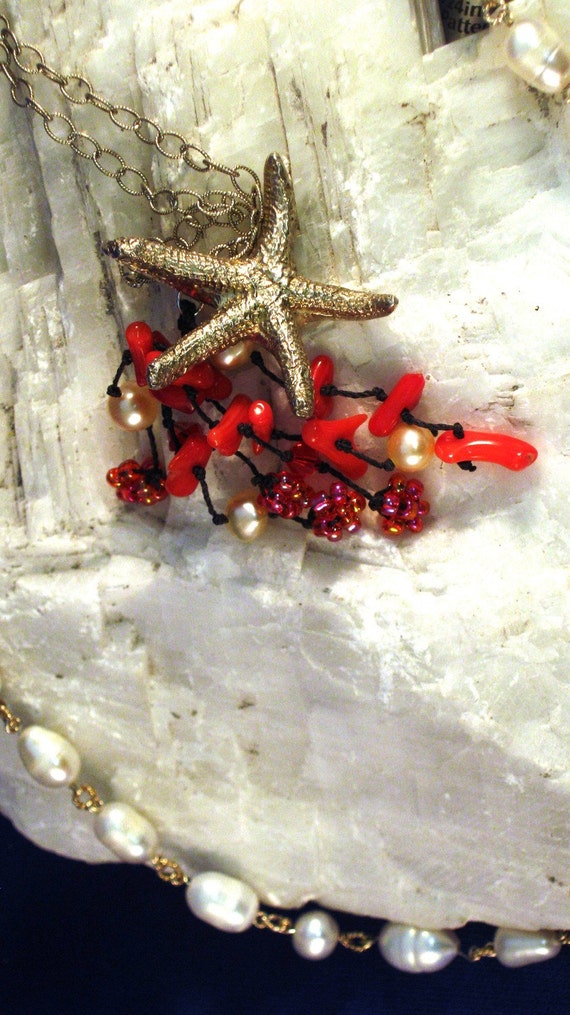 Fine Silver Precious Metal Clay Baby Starfish Pendant with Red Coral and Pearl