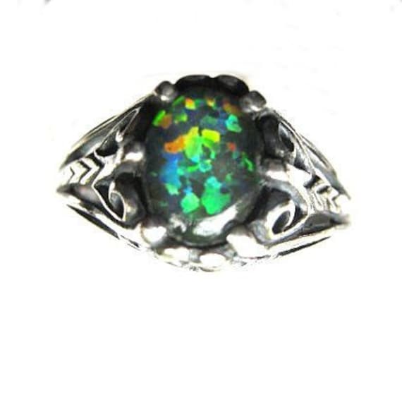 Man Made Opal Triplet Sterling Silver Ring black fire red green blue antiqued filigree handmade custom size 4 5 6 7 8 9 10 half fine jewelry