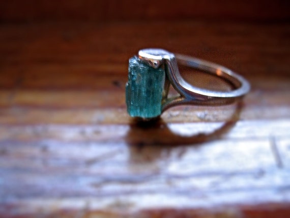 Raw deep Green Blue Tourmaline Crystal Specimen Ring Sterling Silver handmade bohemian red ruby 4 5 6 7 8 9 10 half sizes unique odd