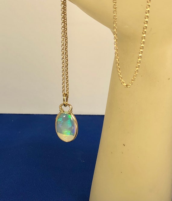 Genuine Ethiopian Opal Cabochon 14k Gold Filled Pendant Necklace 23x11mm Blue Green Purple Fire Translucent Large Handmade Fine Jewelry