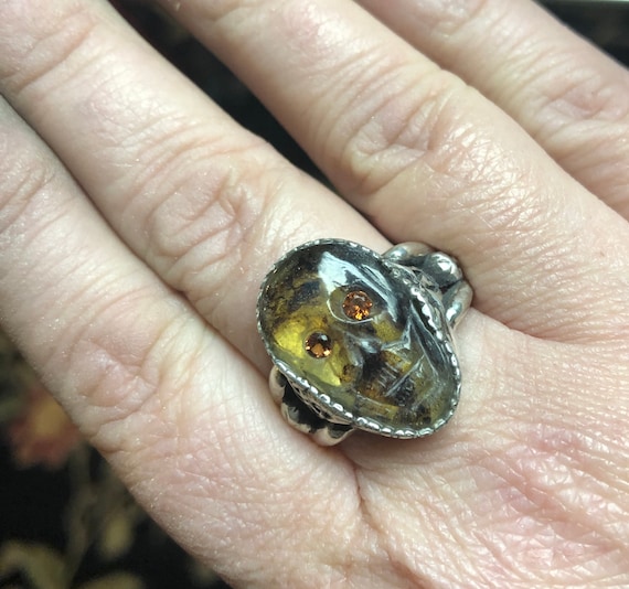 Genuine Amber Carved Skull Ring Sterling Silver Handmade Dark Finish Strange size 6 7 8 9 10 11 12 13 men’s unisex oddity fine jewelry