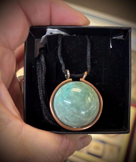 Boho Gypsy Amazonite Turquoise Crystal orb Pendant or Rose clear Quartz purple Amethyst Smoky Moss green handmade healing copper jewelry