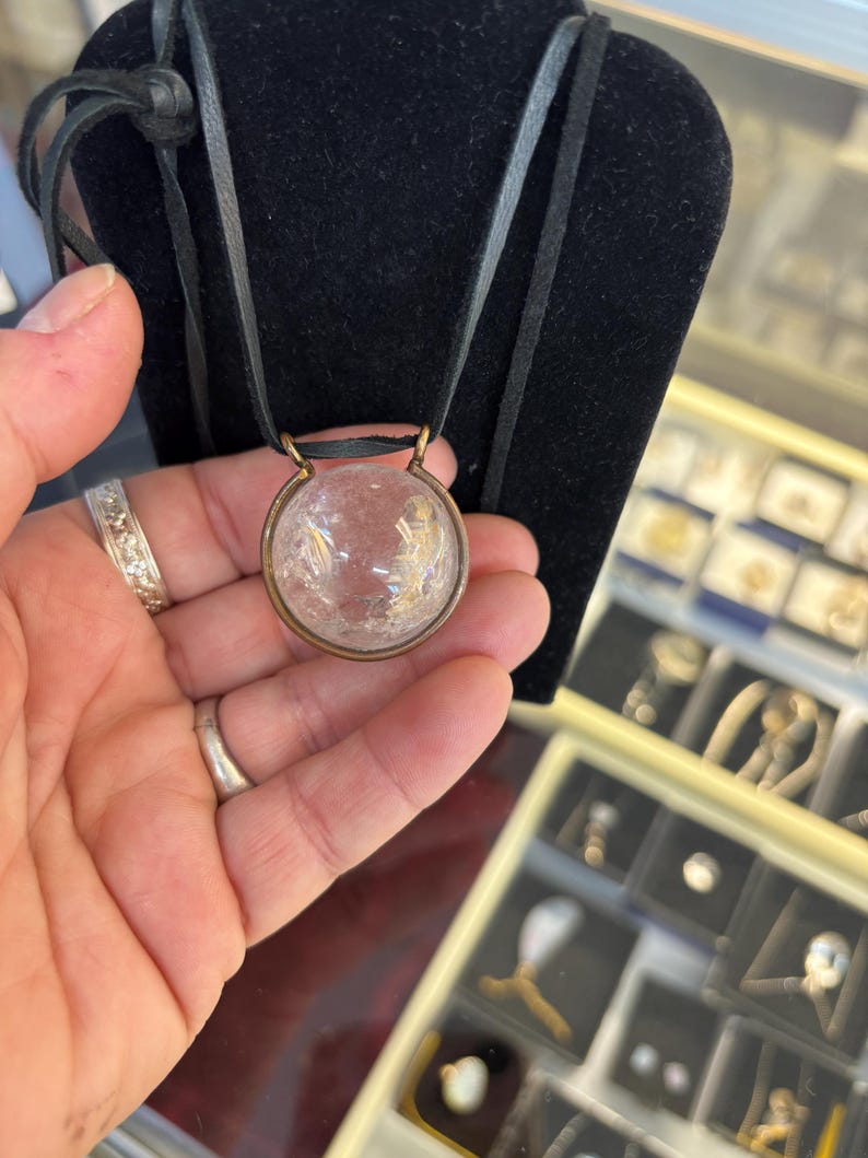Large Quartz Crystal Ball Sphere w/ rainbow 30mm Copper Pendant Necklace free leather cord included handmade fine jewelry image 7