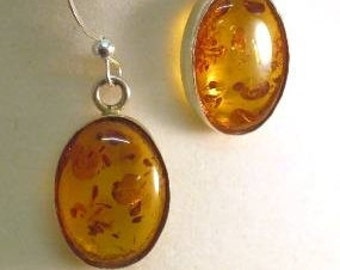 Genuine Prehistoric Amber Earring 12x10mm dangle Sterling Silver Bezel Set handmade fine jewelry orange pendant necklace or ring set