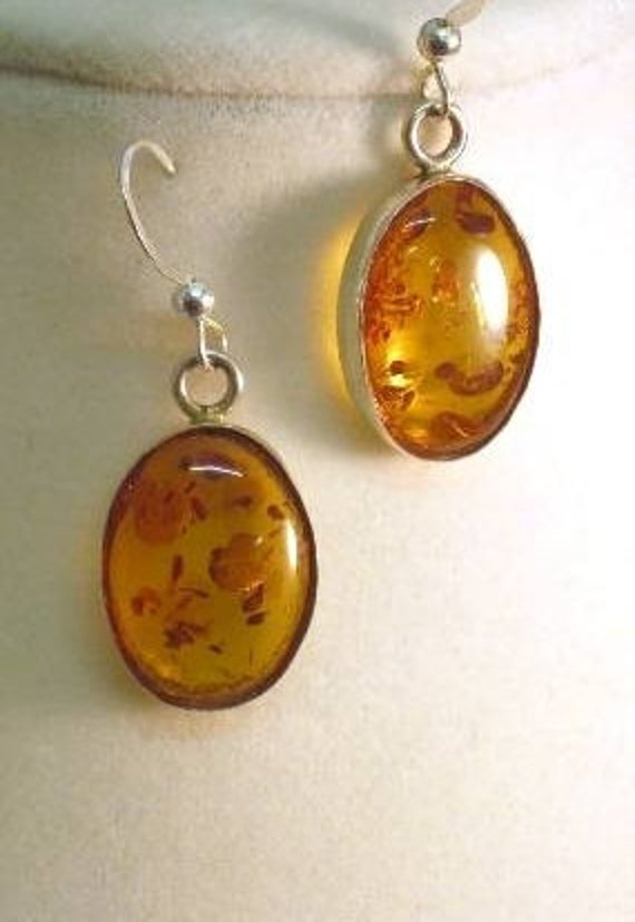 Genuine Prehistoric Amber Earring 12x10mm dangle Sterling Silver Bezel Set handmade fine jewelry orange pendant necklace or ring set