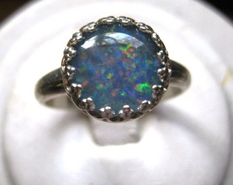 Genuine Opal Triplet Ring Sterling Silver bezel set handmade size 4 5 6 7 8 9 10 11 blue green red fine jewelry 10mm round