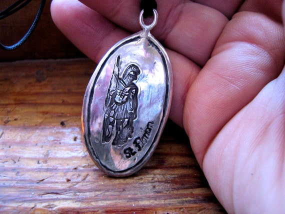 St. Florian Metal Sterling Silver Pendant Necklace Original Artwork Handmade Fine Jewelry Mens Firemen Firemans Saint Catholic