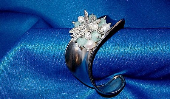 PMC Fine Silver Metal Clay Baby Starfish w/ Aqua Amazonite White Cutured Button Pearl Sterling Silver Cuff Bracelet Handmade  Fine Jewelry