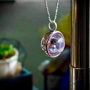 Amethyst Quartz Ball Pendant Necklace, Sterling Silver Bezel Handmade orb amulet